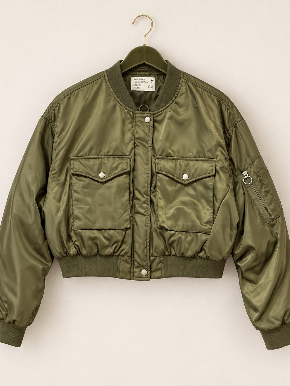 Ci Sono Olive Green Satin Bomber Jacket - Picture 2 of 6